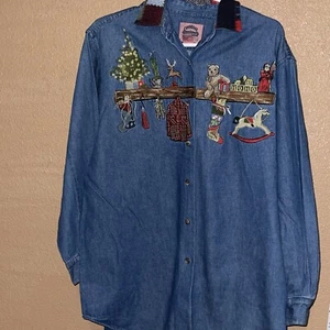 Vintage 90s Chambray Christmas Button Front Shirt Size L - Picture 1 of 8