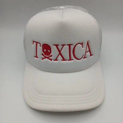 Toxica Hat Trucker Cap Snapback White Mesh Foam Red Script Skull Crossbones Logo - Image 1 of 4