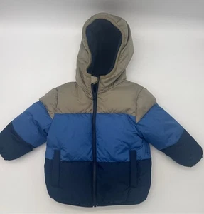 Boys Swiss Tech Colorblock Puffer Jacket 2T Blue Navy Tan Hooded - Picture 1 of 5