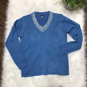 Vintage SALON STUDIO Damen Pullover Gr. M blau Strick mit Perlen V-Ausschnitt - Bild 1 von 10
