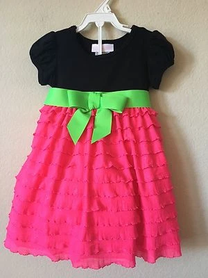 Bonnie Baby Pink Black Bow Glitter Tiered Short Sleeve Girls Dress Set Size 12M - Image 1 of 4