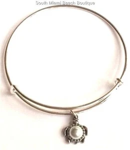 Sea Turtle Charm Bracelet Silver Plated White Pearl Nautical Beach Island - Picture 1 of 10