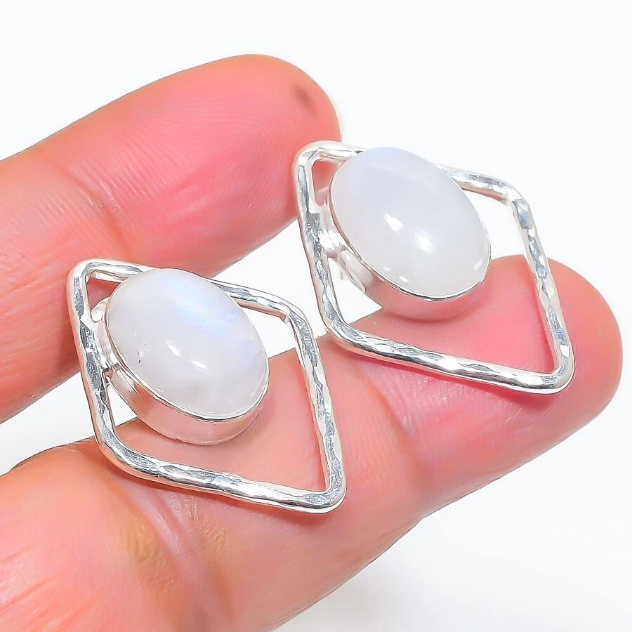 Moonstone Gemstone Handmade 925 Sterling silver Stud Earring Size 1.1'' - Image 1 of 1