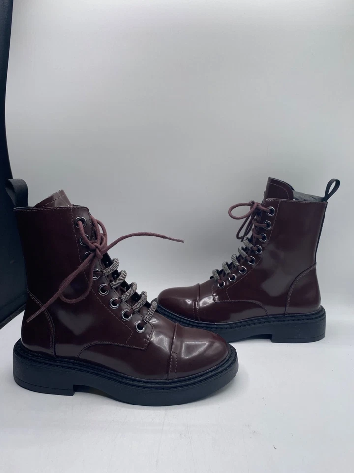 Botines de combate DKNY para mujer Burdeos Malaya con cordones punta almendra nuevos en caja Foto 1 de 4