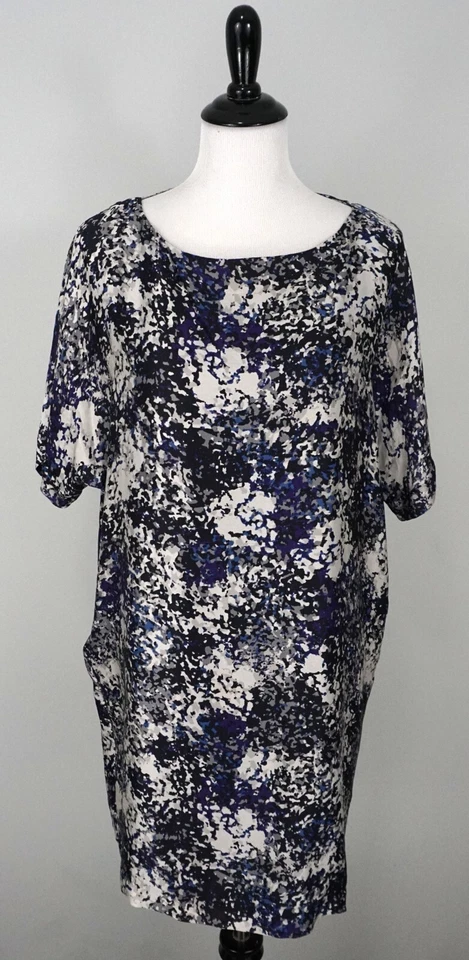 CLUB MONACO серый черный синий 100% шелк Shift платье с коротким рукавом размер средний - Изображение 1 из 4