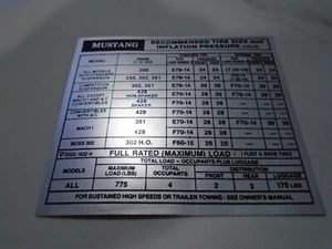 1970 Reproduction Ford Mustang Late Tire Pressure Decal - Picture 1 of 1
