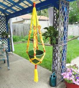 Macrame Hanging Plant Holder with Wooden Beads Gold & Orange Handmade Decorative - Picture 1 of 8