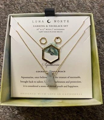 Conjunto de brincos de colar Luna Norte água-marinha cru 14KT latão folheado a ouro 3 peças - Imagem 1 de 4