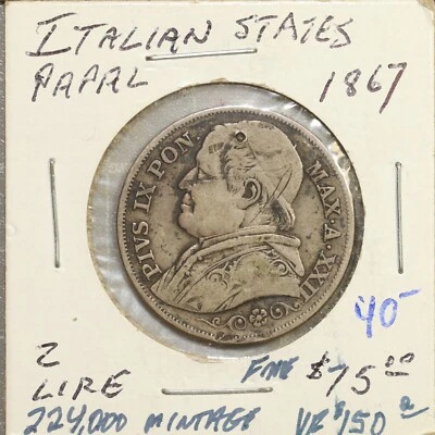 1867 Italy Papal States Silver 2 Lire - Image 1 of 2
