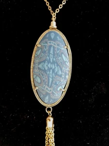 JILZARAH 33" Mandala Blue Gold Tassel Reversible Necklace JILZARA Handmade Clay - Picture 1 of 5