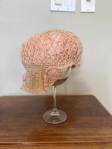 1900 Antique Edwardian Boudoir Dust Hat Bonnet Silk Crochet Coral Pink Near Mint - Picture 1 of 13