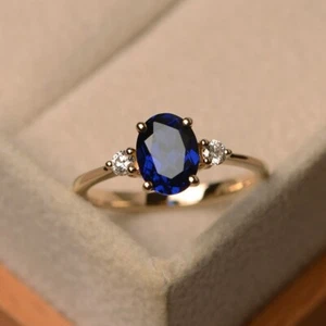 Blue Sapphire Ring Lab Created Gemstone Sterling Silver Gold Plated Women Ring - Picture 1 of 5