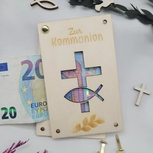 Kommunion Geschenkkarte aus Holz Geldkarte Handmade Kreuz Fisch Taube Geschenk - Bild 1 von 5