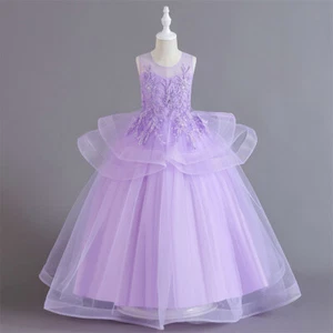 Wedding Flower Kids Girls Tulle Long Dress Formal Bridesmaid Prom Gown Pageant - Picture 1 of 49