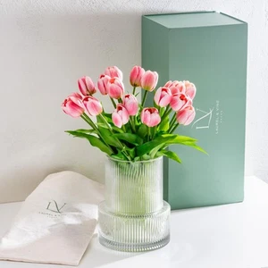 Pink Tulips with Vase Ribbed Glass Vase with 20 Realistic Artificial Flowers ... - Picture 1 of 9