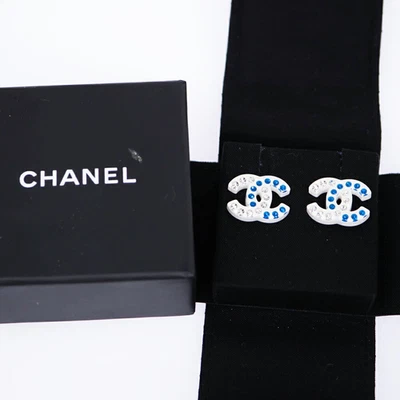 CHANEL Stud Earrings Plastic CC Logo Blue/Clear Rhinestone D19C Stamped W/Box - Image 1 of 4
