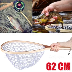 Fly Fishing Landing Net Wooden Handle Rubber Mesh Trout Catch Release Net 24" US - Picture 1 of 10
