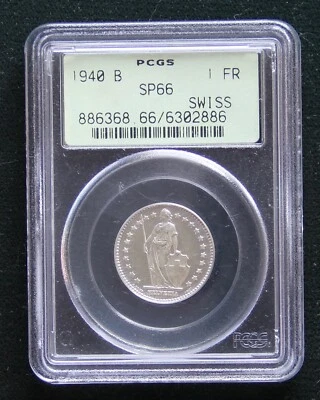 WWII 1940 B Switzerland 1 Franc Silver PCGS SP66 Specimen Swiss Pop of 4 Coins! - Image 1 of 4