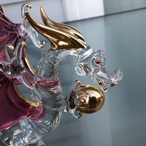 Statuina cinese vintage drago in vetro cristallo con ala rossa e ciotola oro - Foto 1 di 13