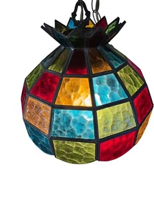 Vintage Slag Stained Glass Pendant Multi Color MCM Hanging Swag Lamp Light 12”W - Picture 1 of 16