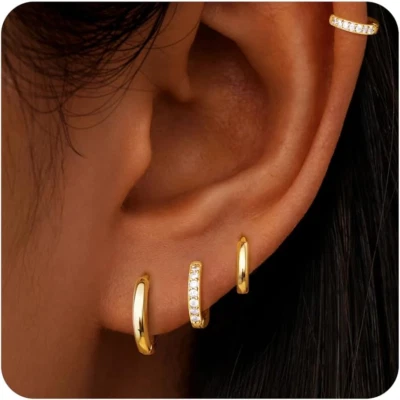 Gold Huggie Hoop Earrings Set for Women, 14K Real Gold Plated Small Hypoallergen - Image 1 of 4