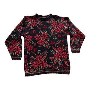Vintage Dana Scott L/XL schwarz rot gold Weihnachtsstern Pullover Urlaub hässlich Weihnachten Party - Bild 1 von 9