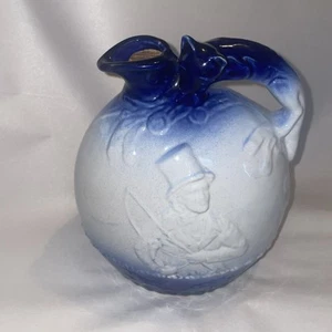 Rockingham Bennington Blue & White Pottery Ball Jug Embossed Fox Hunting - Picture 1 of 8