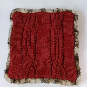 Pottery Barn Fur Trimmed Cable Knit Pillow Cover 22” Cherry Red Marketing Sample - Picture 1 of 5
