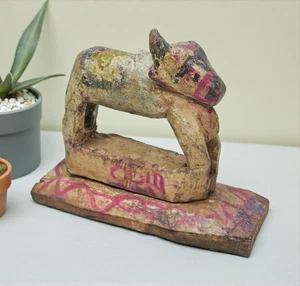 Antique Wooden Holy Cow Nandi Figurne Original Old Hand Carved Painted - Picture 1 of 7