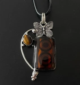 Large Dichroic Glass & Tigers Eye  Pendant Necklace- 925 Sterling Plated- New - Bild 1 von 4
