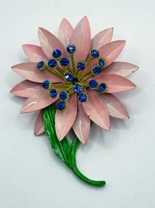 Spilla spilla vintage fiore smaltato con stami blu - Foto 1 di 2