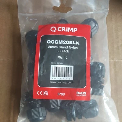 Q-Crimp 10 pcs IP68 cable tightening gland nylon M20 black 20mm - Image 1 of 2