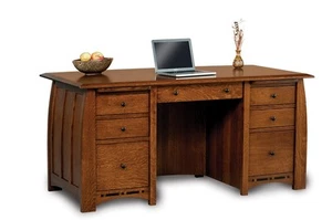 Amish Arts & Crafts Executive Computer Desk Solid Wood Inlays Boulder Creek 65" - Picture 1 of 3