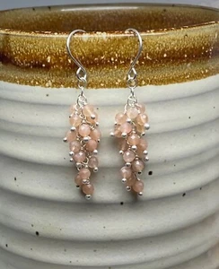 Sterling Silver Peach Moonstone Cluster Earrings, Elegant Dangle Earrings - Picture 1 of 8