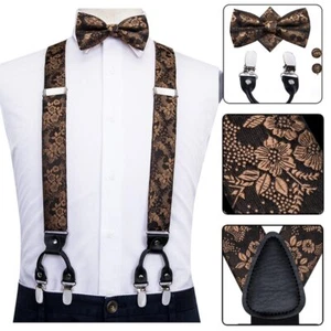 Adult Men suspenders Set Leather Metal 6 Clips Braces Gold Brown Floral Vintage - Picture 1 of 21