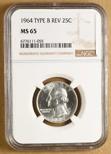 1964 Washington Silver Quarter 'Type B Reverse' NGC MS65 - Picture 1 of 4