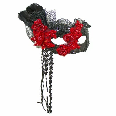 Adult Black Red Feather Lace Masquerade Spanish Flamenco Halloween Costume Mask - Image 1 of 2