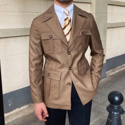 Chaqueta de safari de lana para hombre estilo británico negocios cuatro bolsillos abrigo de caza al aire libre Foto 1 de 4