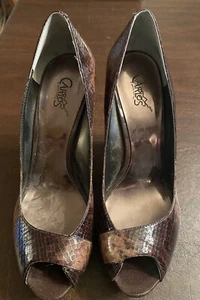 CARLOS SANTANA Conspire Black Tan Snakeskin Peep Toe Leather Wedges Heels 9 M - Picture 1 of 6