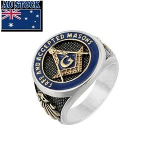 Mens Real Stainless Steel Masonic Freemason Blue Enamel Gold Band Ring Mason - Picture 1 of 5