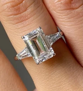 2.50Ct Emerald-Cut VS1 Lab Grown Diamond Three Stone Wedding Ring 14K White Gold - Picture 1 of 5