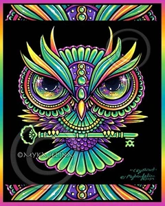 Owl Key Psychedelic Rainbow Trippy Hippie Crystowl Signed Myka Jelina Print - Bild 1 von 4