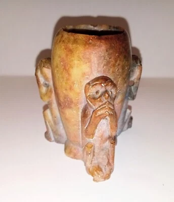Vintage Chinese Brush Pot, 3 Wise Monkeys, Carved Soapstone, pre-WW II - Image 1 of 4