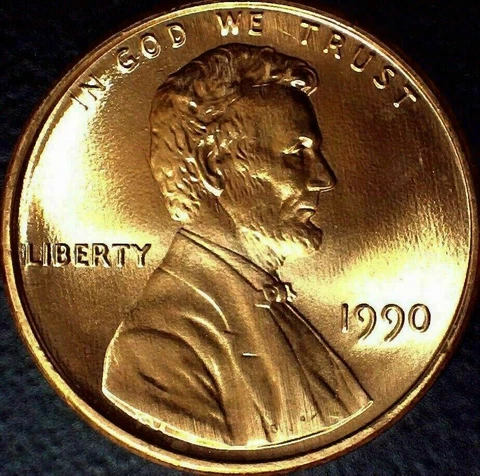 1990-P Lincoln Memorial Cent - RED GEM BU UNCIRCULATED - Free Shipping Cover
