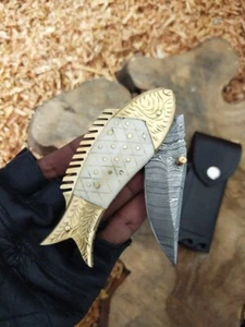 Custom Handmade Damascus Fish Pocket Knife , Hunting & Camping Knife, Gift Knife - Picture 1 of 10