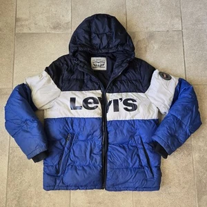 Vintage Men's Levis Spell out Puffer Jacket Black White Blue Colorblock MEDIUM - Picture 1 of 7