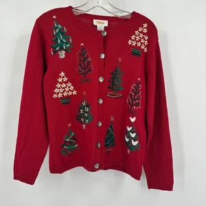 Talbots Womens Ugly Christmas Sweater Size SP Cardigan Embellished Holiday Knit - Picture 1 of 8