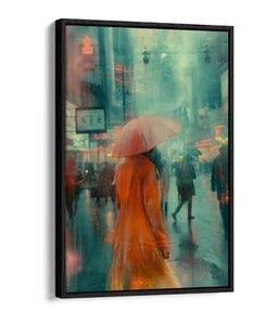 WOMAN WITH UMBRELLA IN RAINY STREET-FLOAT EFFECT FRAMED CANVAS WALL ART PRINT - Picture 1 of 12