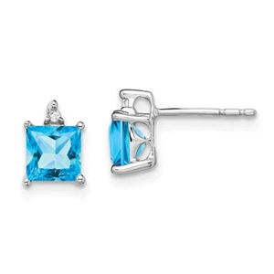 14K Solid White Gold Princess-cut Swiss Blue Topaz Diamond Studs Earrings - Picture 1 of 5
