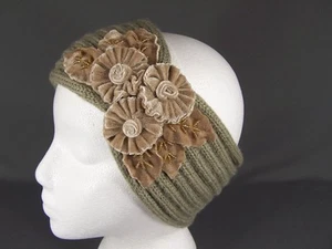 Taupe velvet flowers turban style crochet ear warmer muff head band wrap knit - Picture 1 of 6